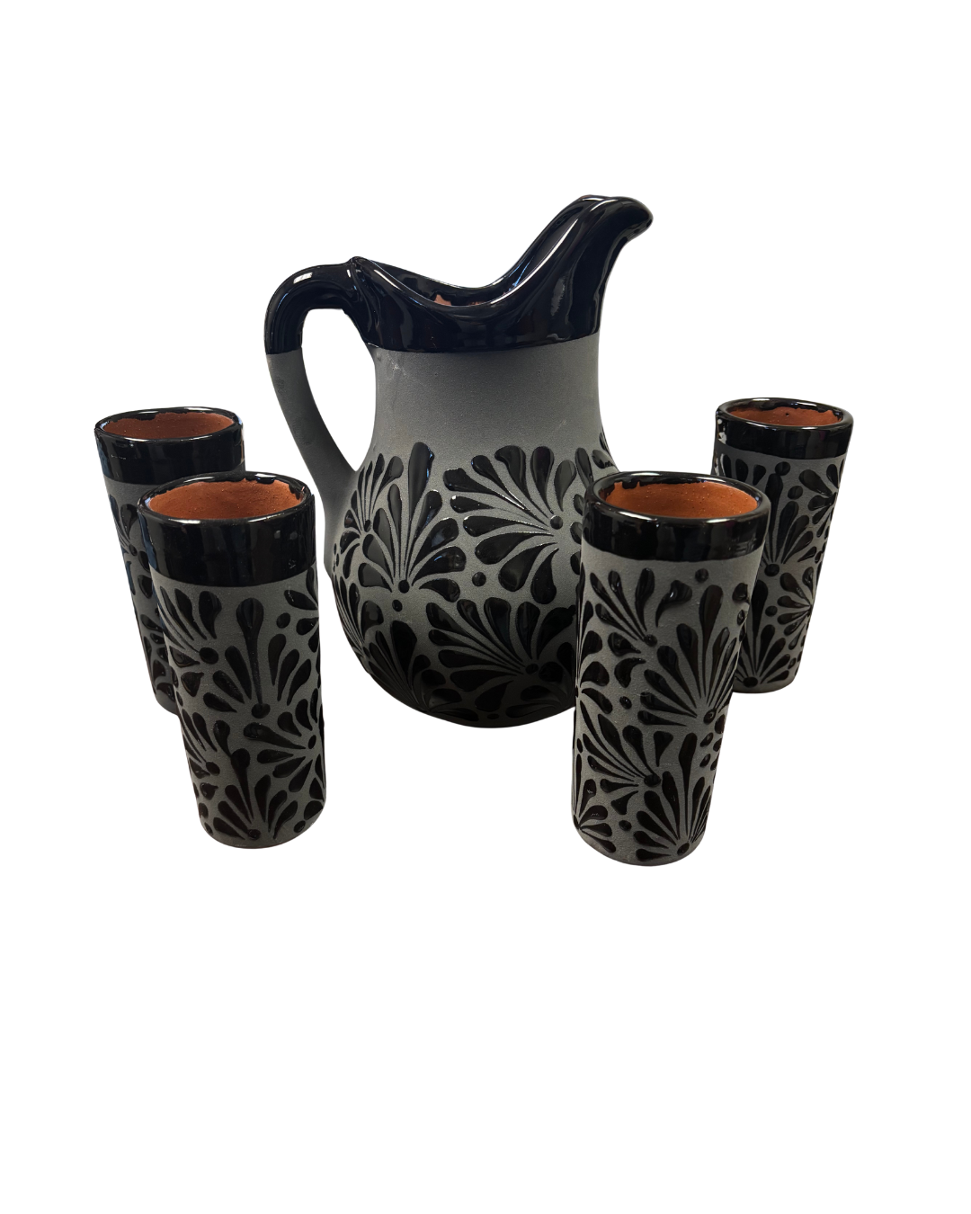 SET DE JARRA CON 4 VASO ENGOBE NEGRO CON NEGRO