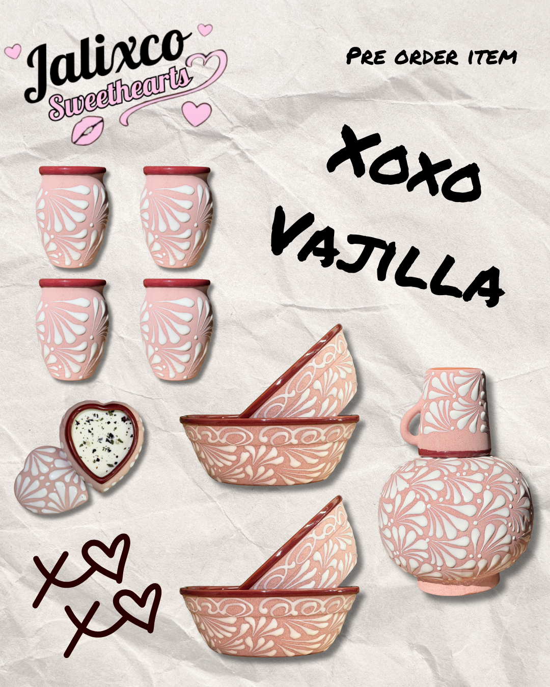 XOXO VAJILLA SET/4PCS PALTO ROSA PREMIUM, 4PCS CANTARITO 500ML PREMIUM, BOTELLON ROSA. VELA CORAZON CHERRY BLOSOM