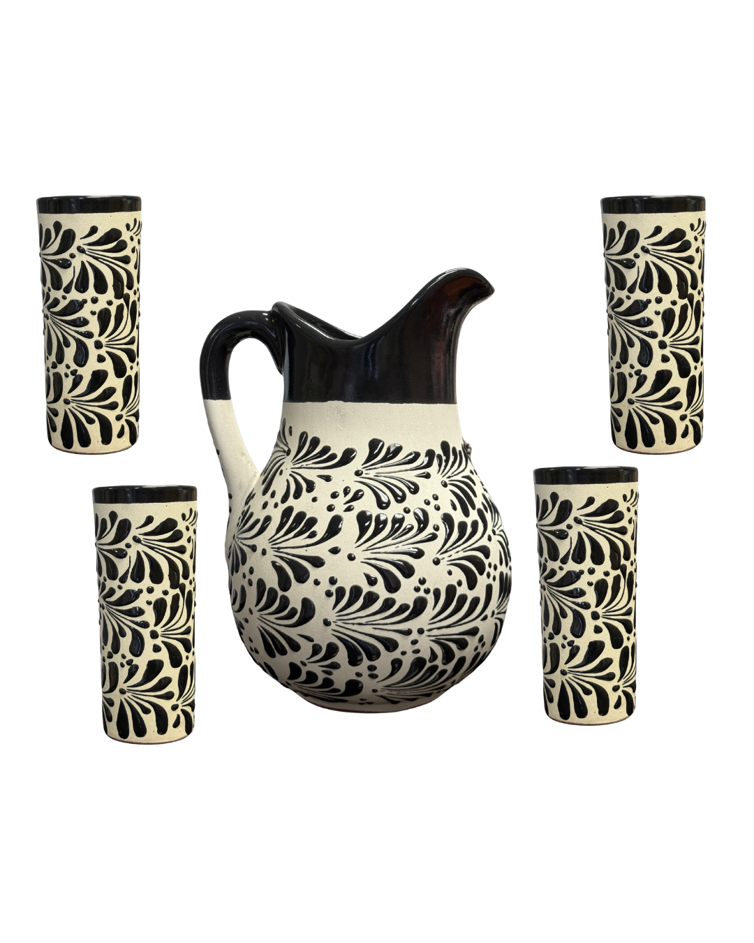 SET DE JARRA CON 4 VASOS ENGOBE BLANCO CON ESPIGA NEGRO