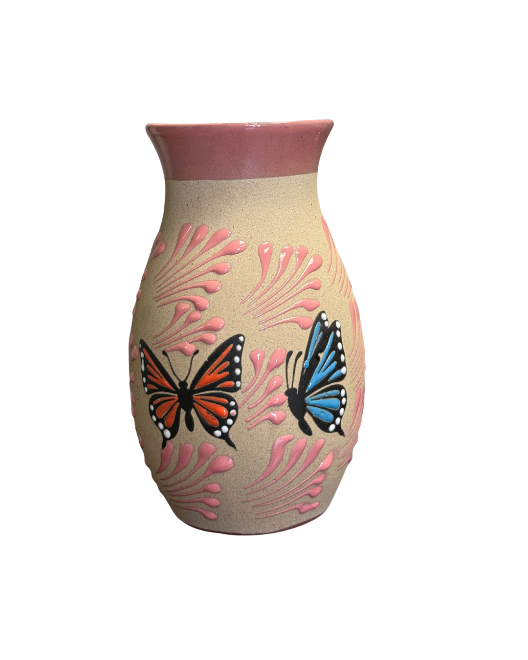 FLORERO ENGOBE CON ESPIGA ROSA Y MARIPOSAS