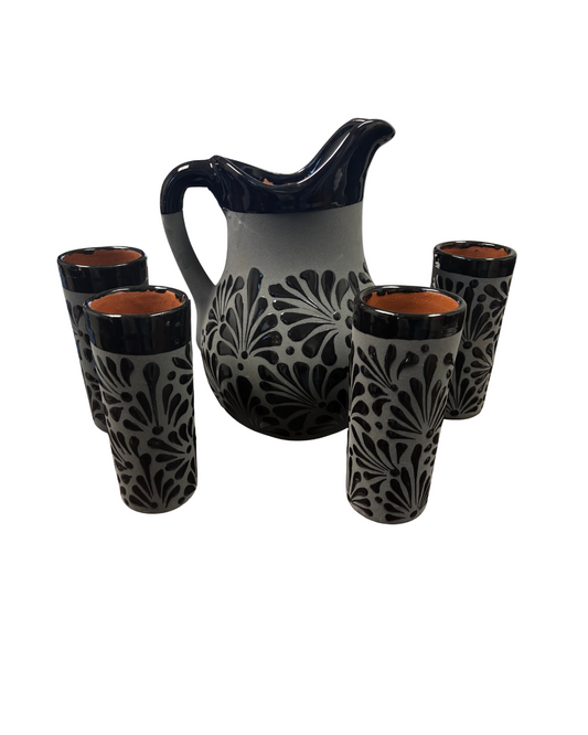 SET DE JARRA CON 4 VASO ENGOBE NEGRO CON NEGRO
