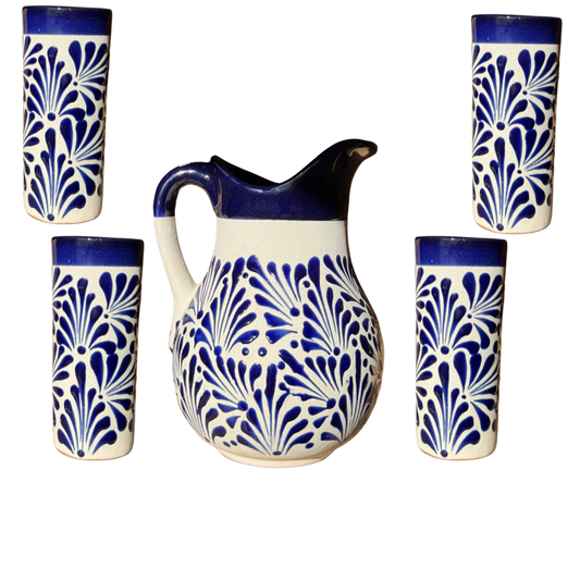 SET DE JARRA CON 4 VASOS BLANCO CON ESPIGA AZUL