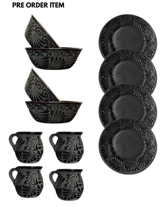 BLACK VAJILLA SET/ 4PCS PLATO NEGRO 25CM, 4PCS PLATO POZOLERO PREMIUM 36OZ, 4PCS JARRITO NEGRO 12OZ