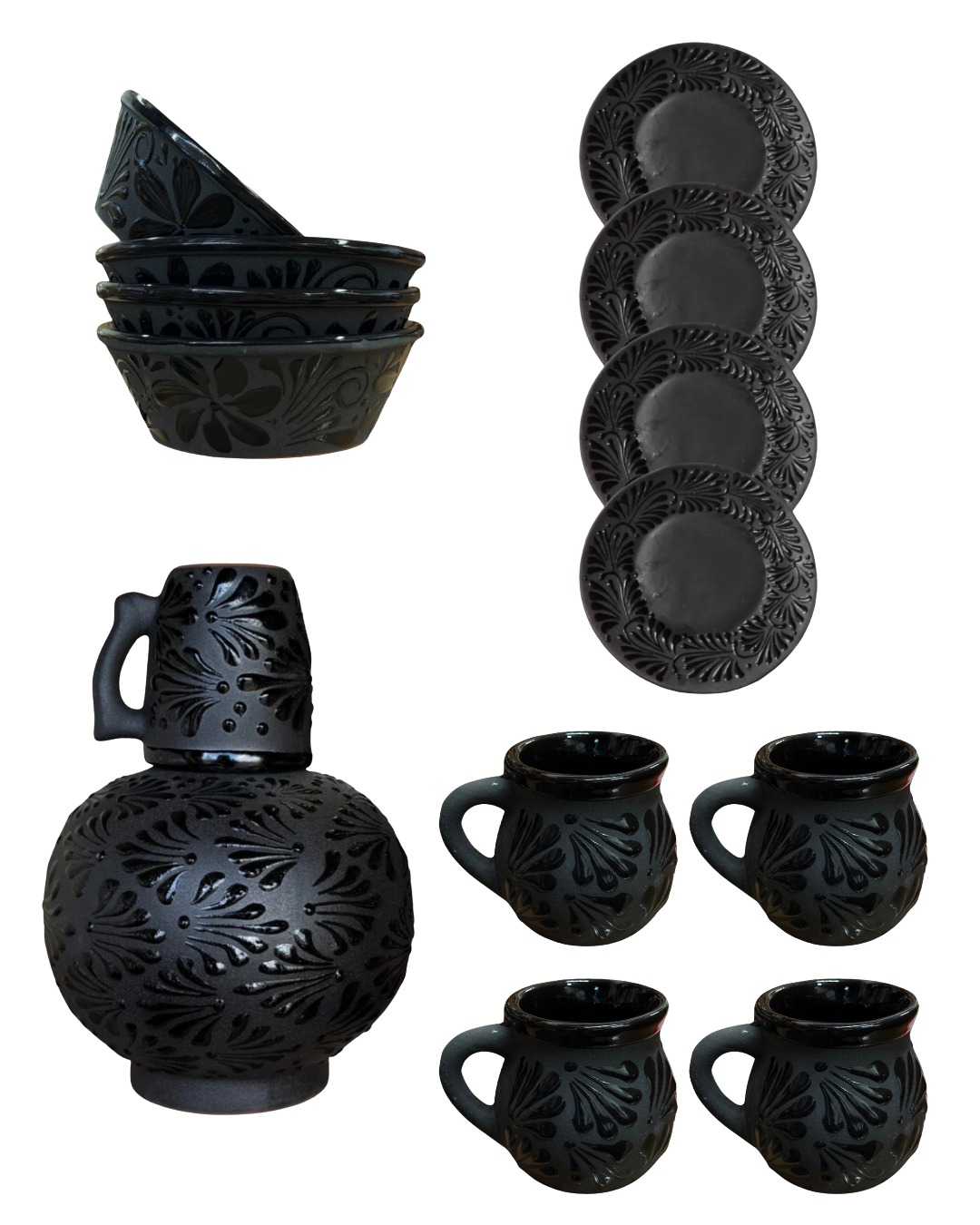 PREMIUM BLACK VAJILLA, 4PCS JARRITO 12OZ PREMIUM, 4PCS PLATO TRINCHE 25CM, 4PCS PLATO POZOLERO 22OZ, BOTELLON NEGRON